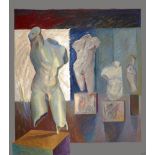 Ulla Diedrichsen, Danish b.1950- Composition with Torsos; oil and collage on board, signed with