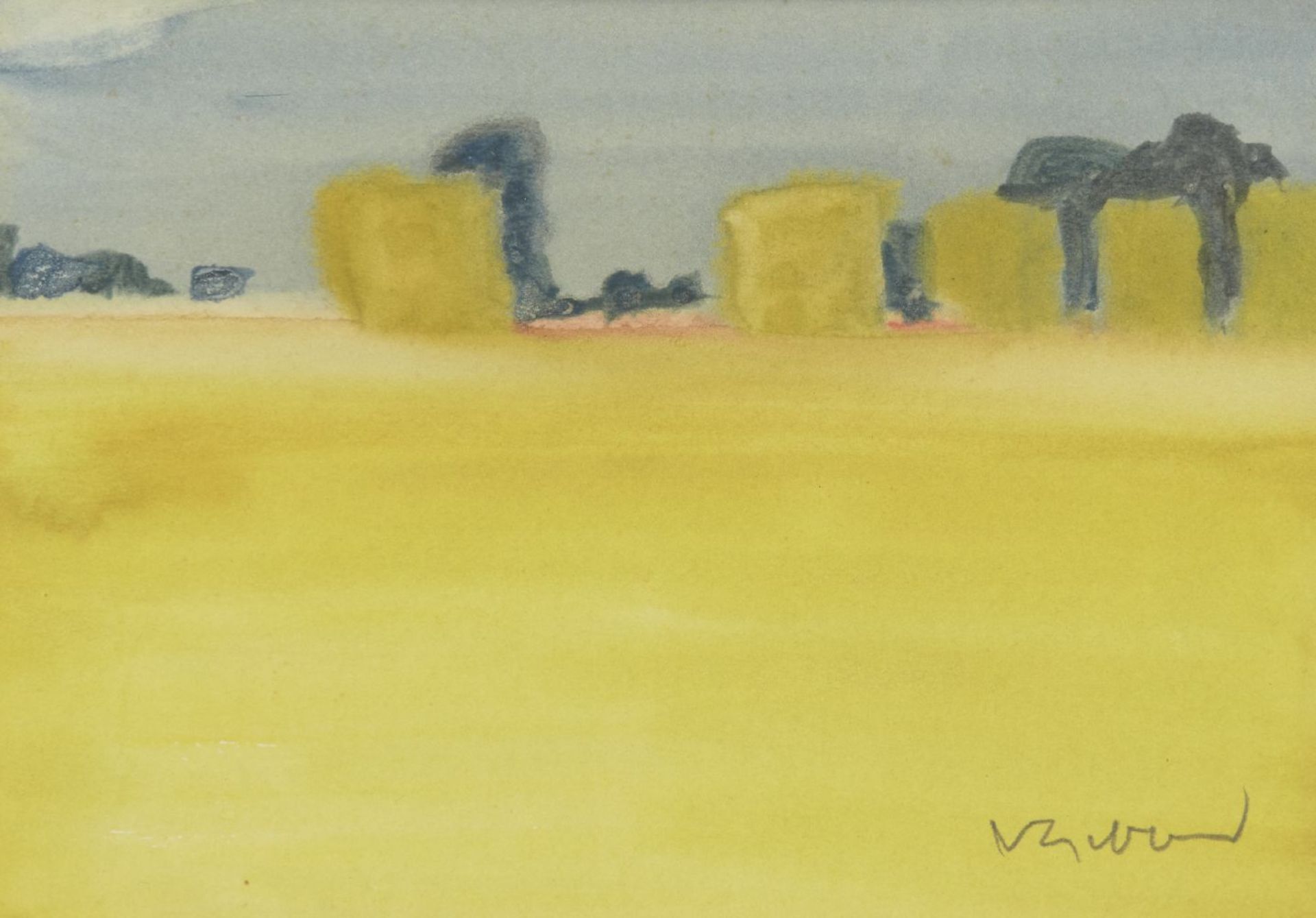 Vernon Gibberd, British 1931-2019- Landscape with Haybales; watercolour on paper, signed lower right