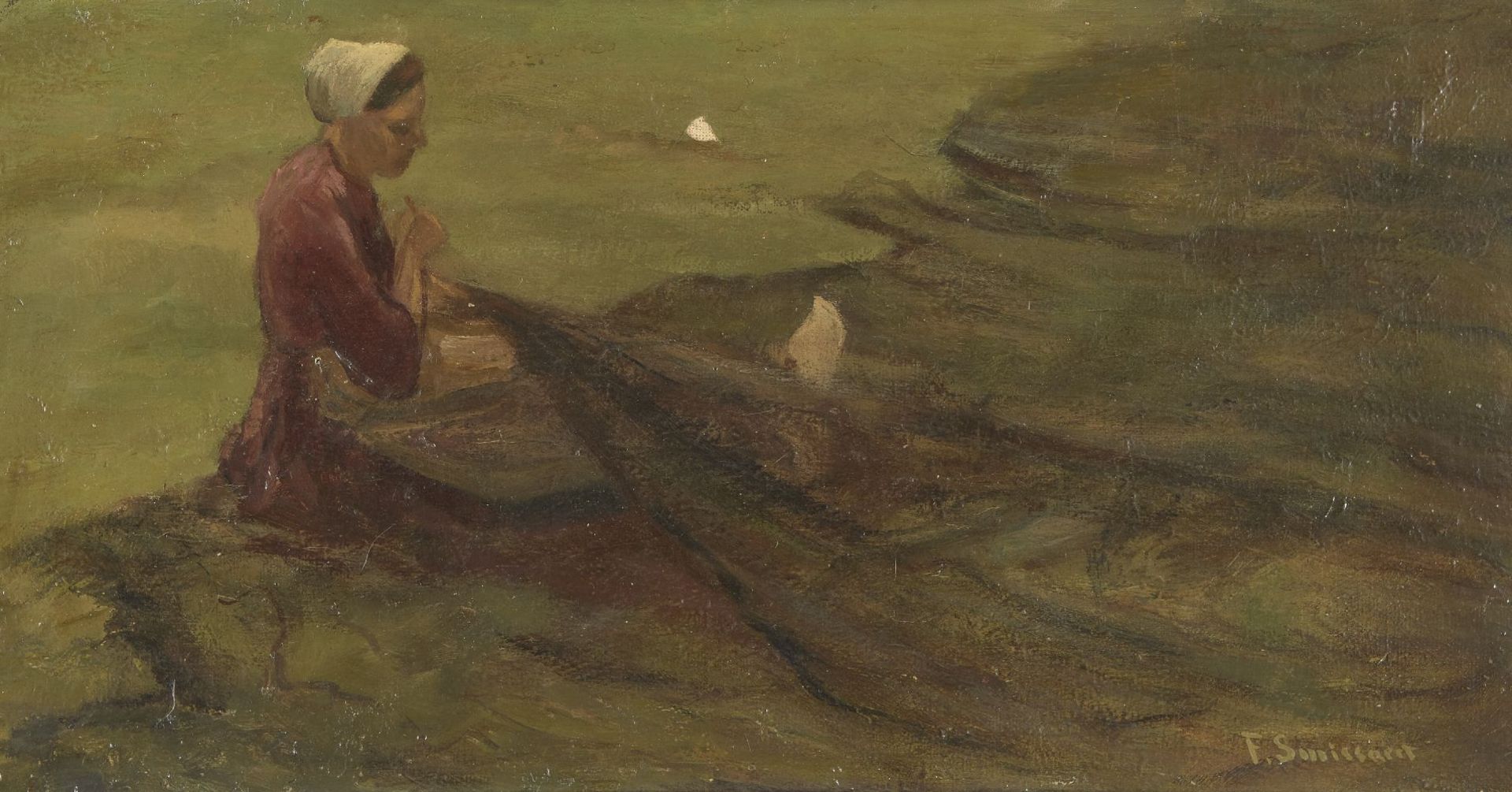 Frans Smissaert, Dutch 1862-1944- Fisherwoman mending nets; oil on board, signed, 20x40cm Please
