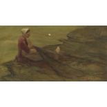 Frans Smissaert, Dutch 1862-1944- Fisherwoman mending nets; oil on board, signed, 20x40cm Please