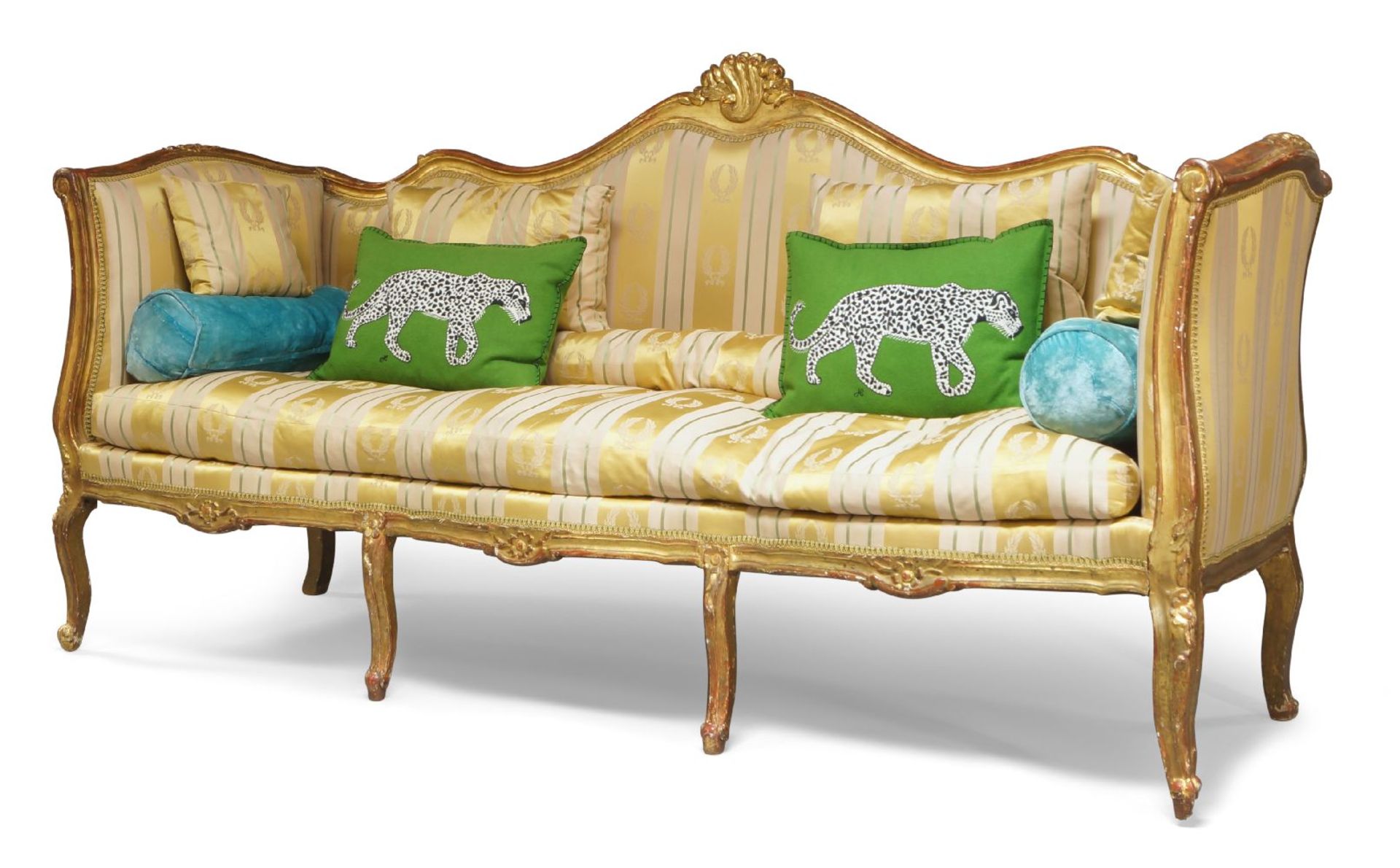 A French giltwood and gesso edged three seater sofa, 19th century, the carved frame with gesso edg