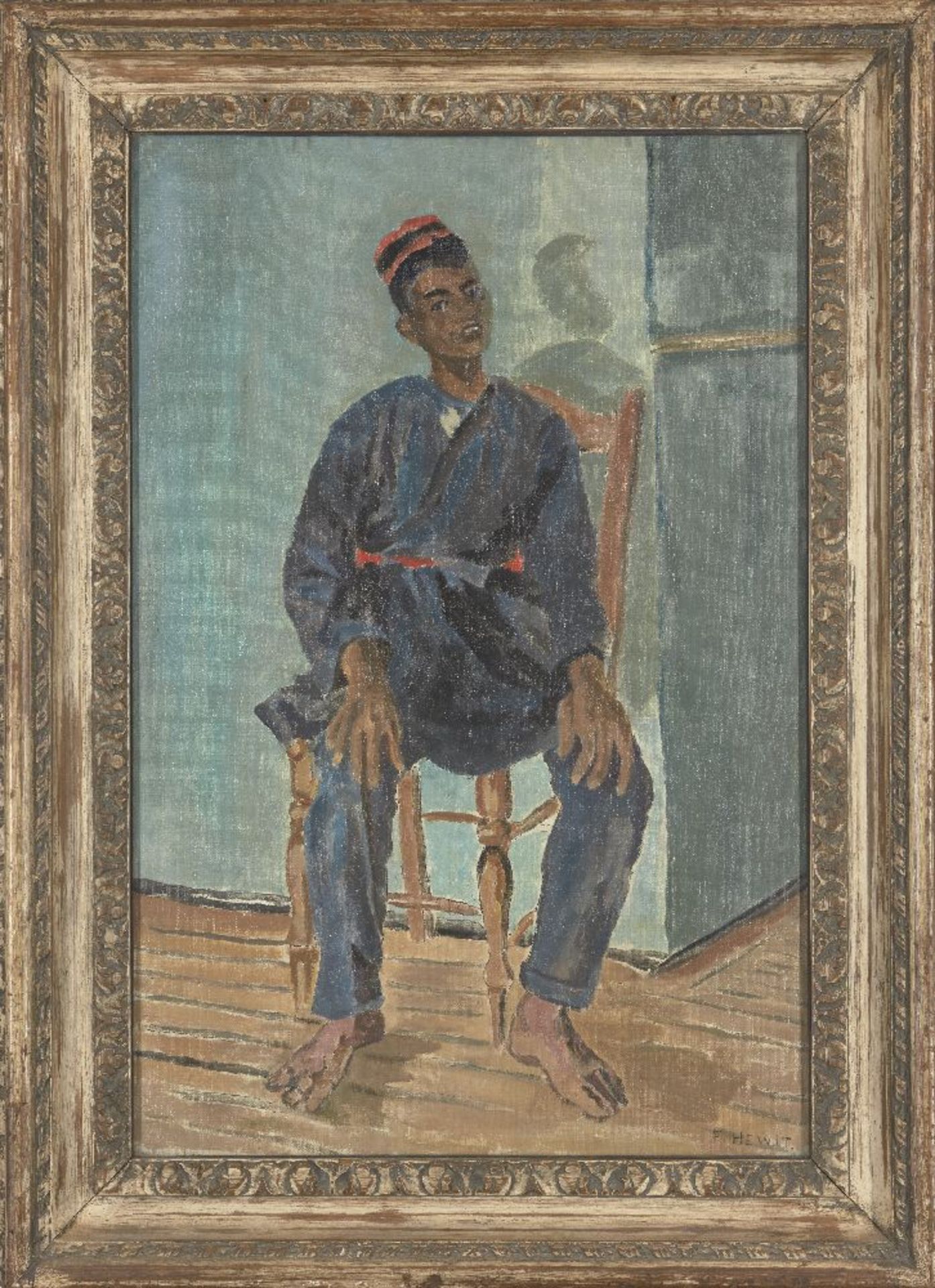 Forrest Hewit, British 1870-1956- Portrait of a North African boy, seated full-length on an - Bild 2 aus 3