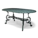 A Victorian style green painted cast aluminium garden table and six chairs, the table top with a