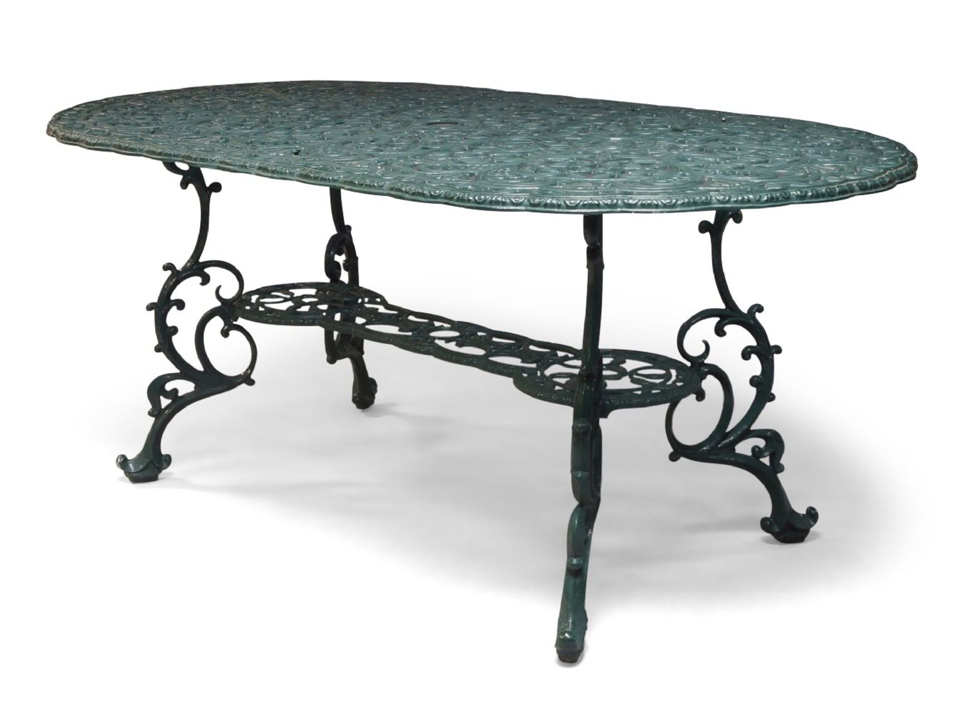 A Victorian style green painted cast aluminium garden table and six chairs, the table top with a
