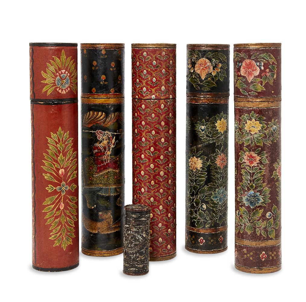 Five Indian decorated card document holders, late 20th century, each inset with a metal base, 46cm