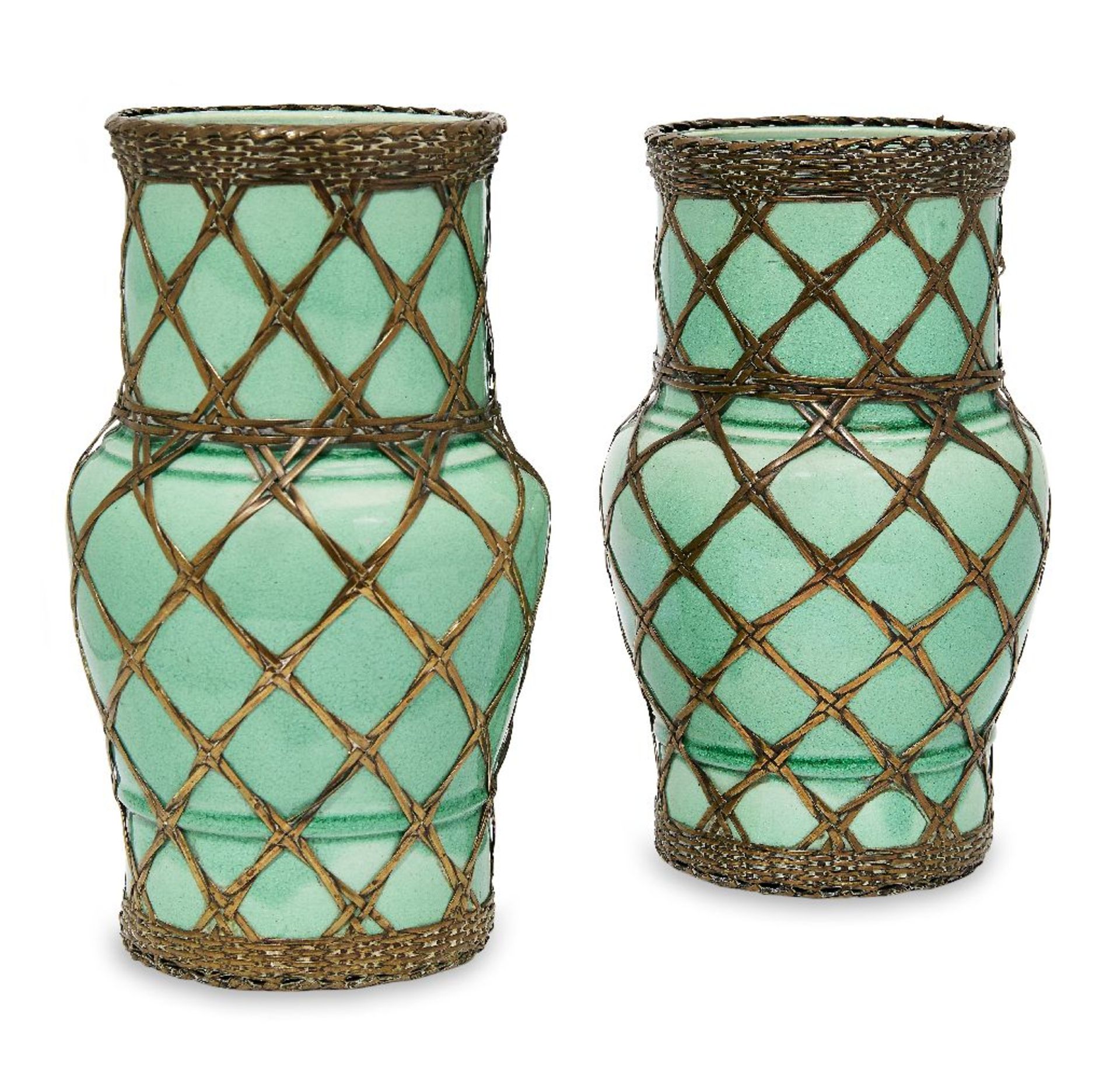 A pair of Japanese green glazed pottery vases, first half 20th century, with gilt-metal basket-weave