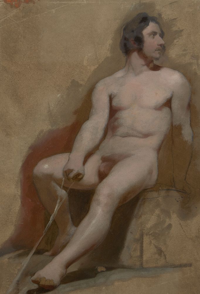 Studio of William Etty RA, British 1787-1849- Seated and standing male nudes; oil on card, two,