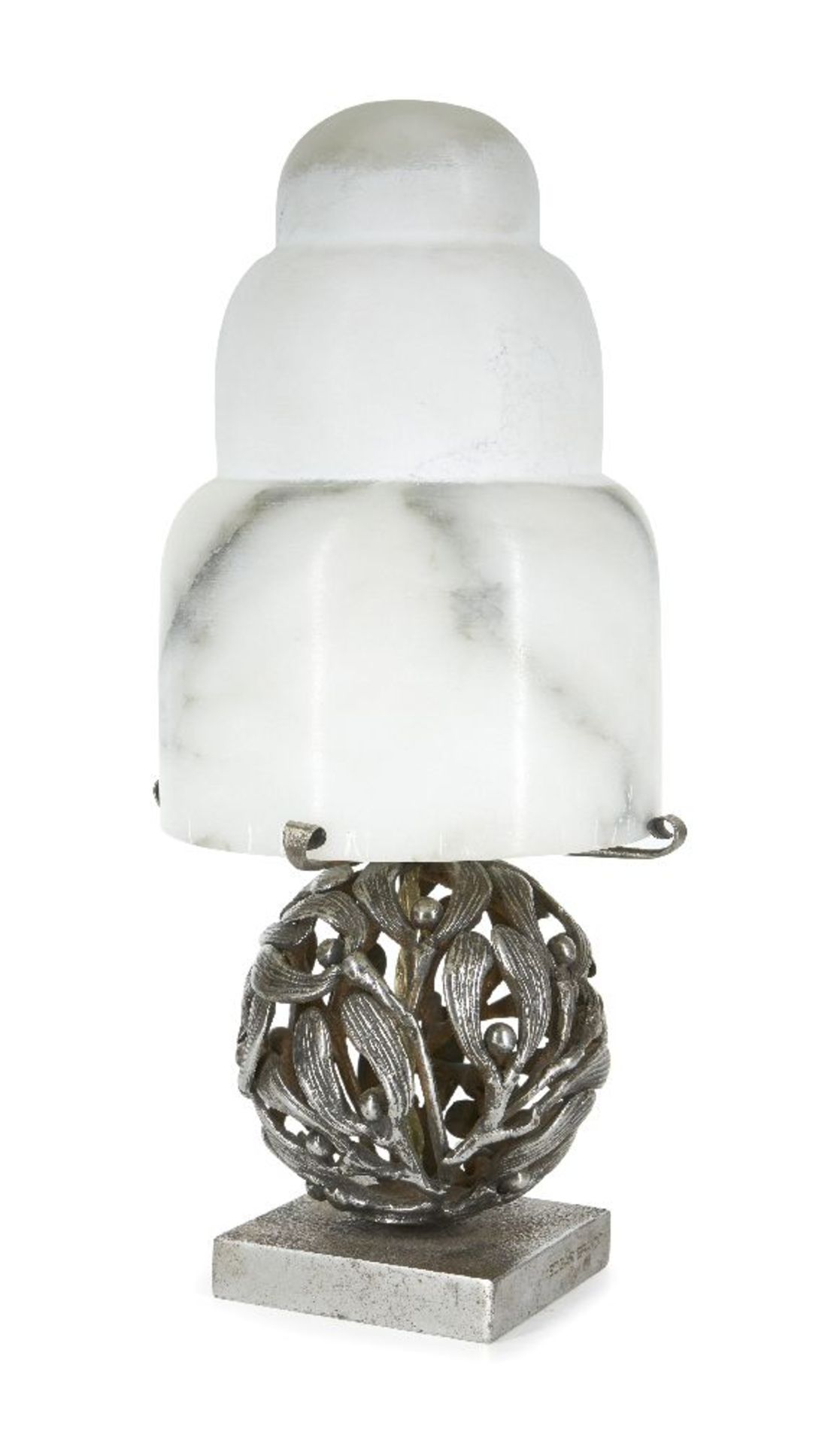 An Art Deco style silvered iron table lamp, in the manner of Edgar Brandt, late 20th century,