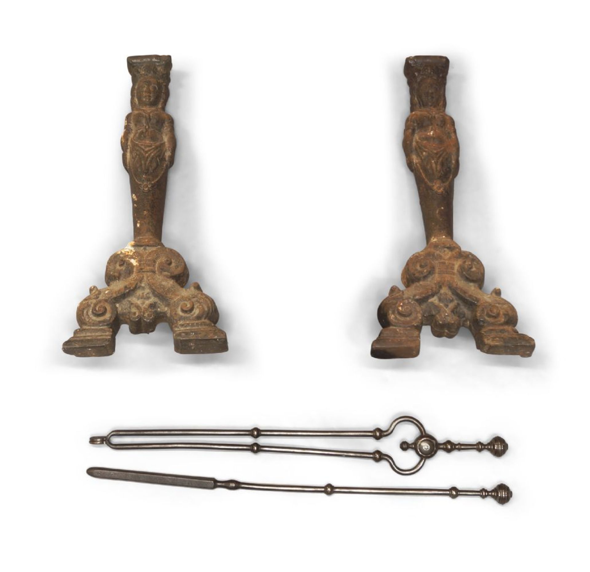 A pair of cast-iron figural andirons of 17th century style, 19th century, the uprights cast as a