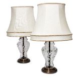 A pair of modern moulded glass table lamps, with silk shades, 33cm high excluding shades (2)