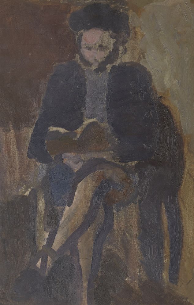 European School, mid-20th century- Portrait of a Rabbi seated full-length reading from a book; oil