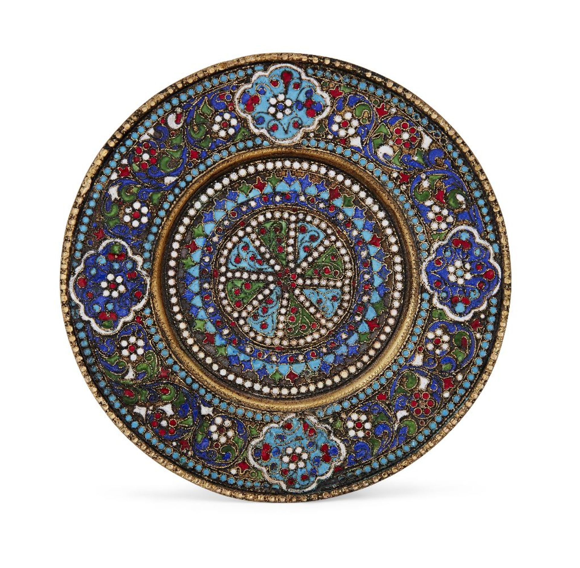 A cloisonné enamelled dish, probably Russian, late 19th century, the reverse with spurious marks (