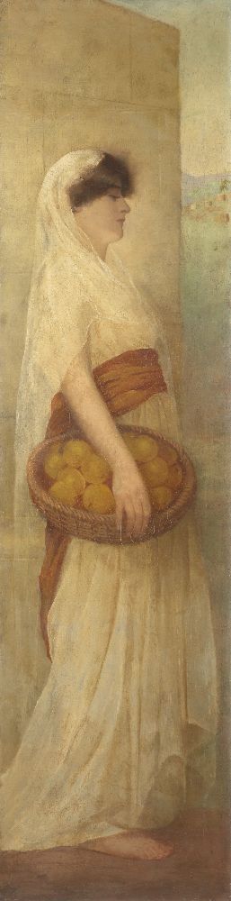 British School, mid-late 19th century- Woman standing full-length carrying a basket of fruit; oil on