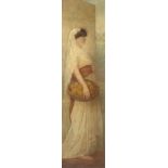 British School, mid-late 19th century- Woman standing full-length carrying a basket of fruit; oil on