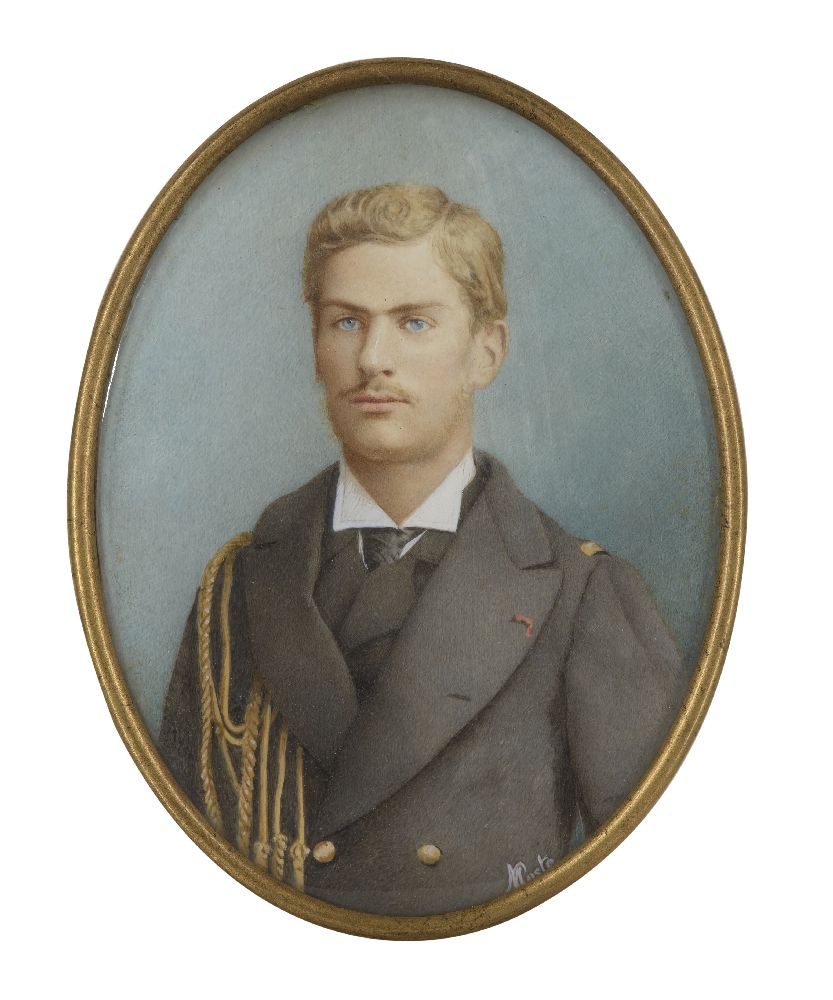 M Coste, French, mid-late 19th century- Portrait miniature of a young man, in an overcoat with the - Image 2 of 3