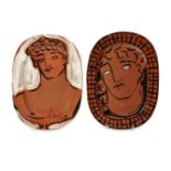 Luke Edward Hall, British, b.1989, a pair of ceramic platters, 2018, hand-painted with male faces,