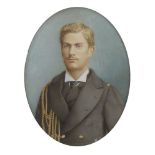 M Coste, French, mid-late 19th century- Portrait miniature of a young man, in an overcoat with the