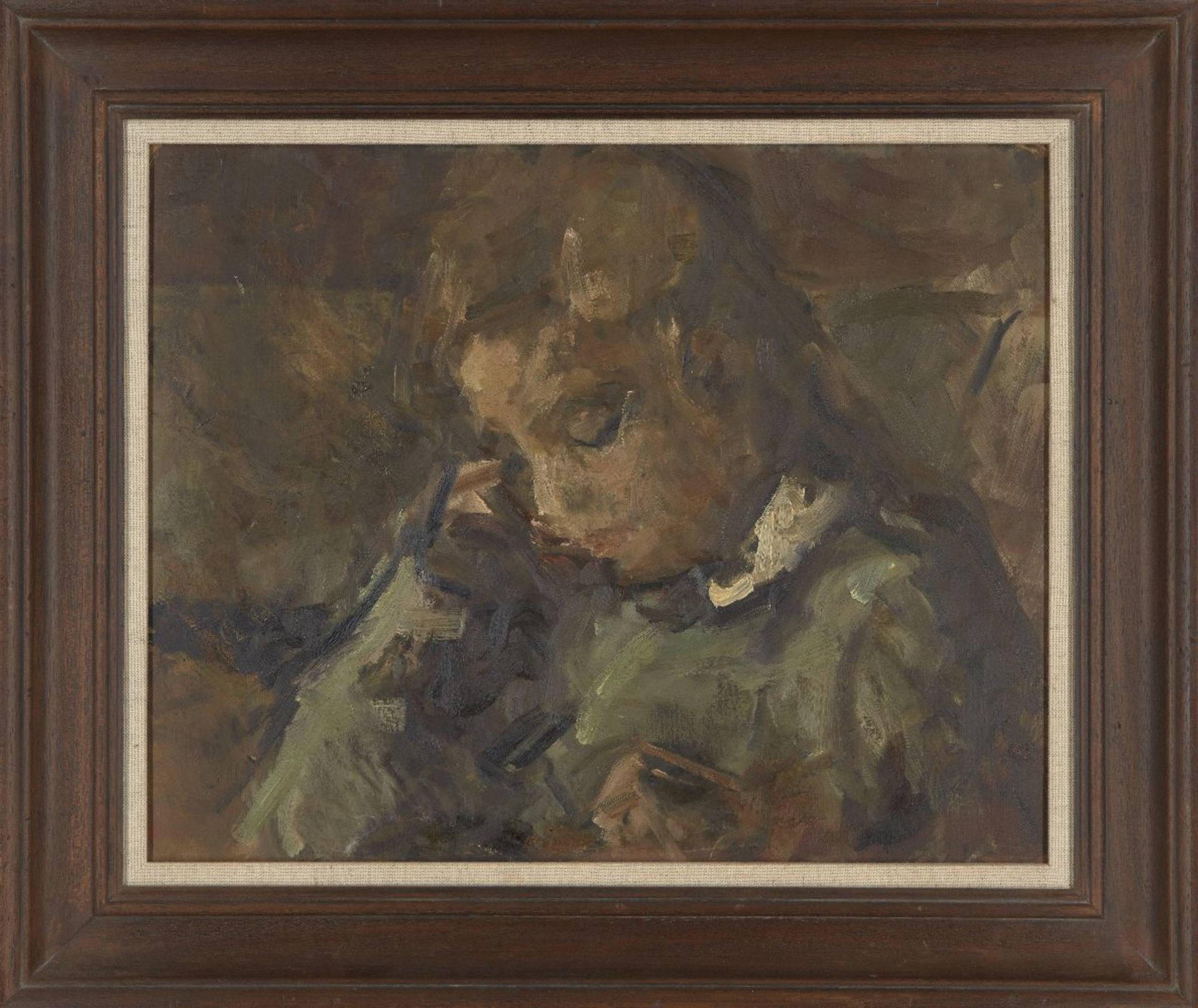 European School, early 20th century- Portrait of a girl quarter-length turned to the left reading - Bild 2 aus 3
