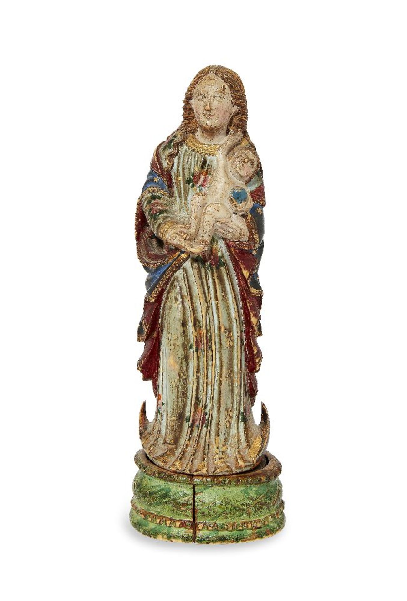 A Goanese polychrome ivory figure of the Virgin and Child, late 17th century, the Child depicted