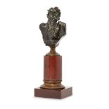 A French bronze bust of a satyr, 19th century, on an associated bronze and rouge marble plinth, 22cm