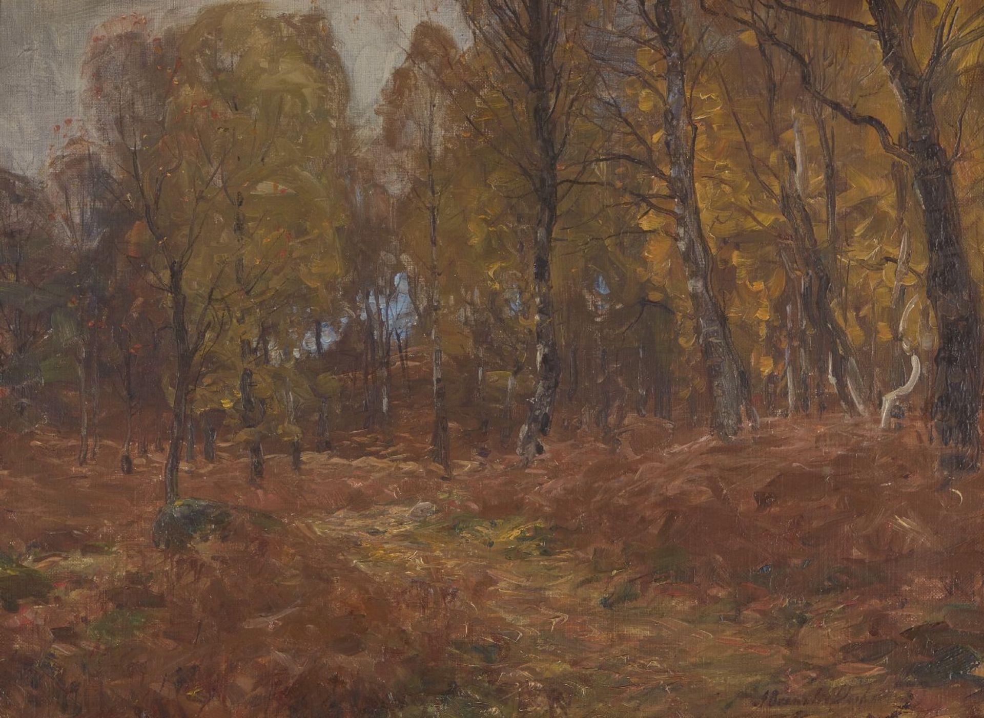 French School, late 19th century- Woodland scene; oil on canvas, signed indistinctly, 30.5x41cm held