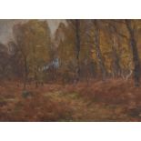 French School, late 19th century- Woodland scene; oil on canvas, signed indistinctly, 30.5x41cm held