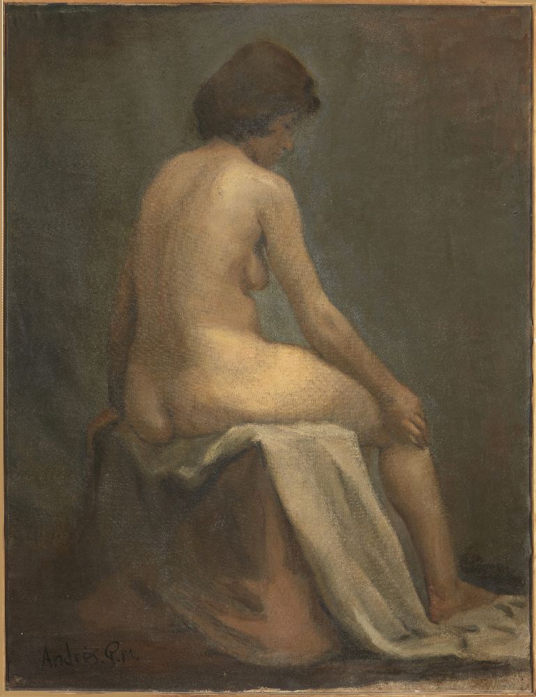 P M Andres, Hungarian, early 20th century- Female nude, seated full-length turned to the right; - Bild 2 aus 3