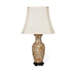 A modern Chinoiserie gilt heightened porcelain vase lamp, decorated overall with scrolling foliate