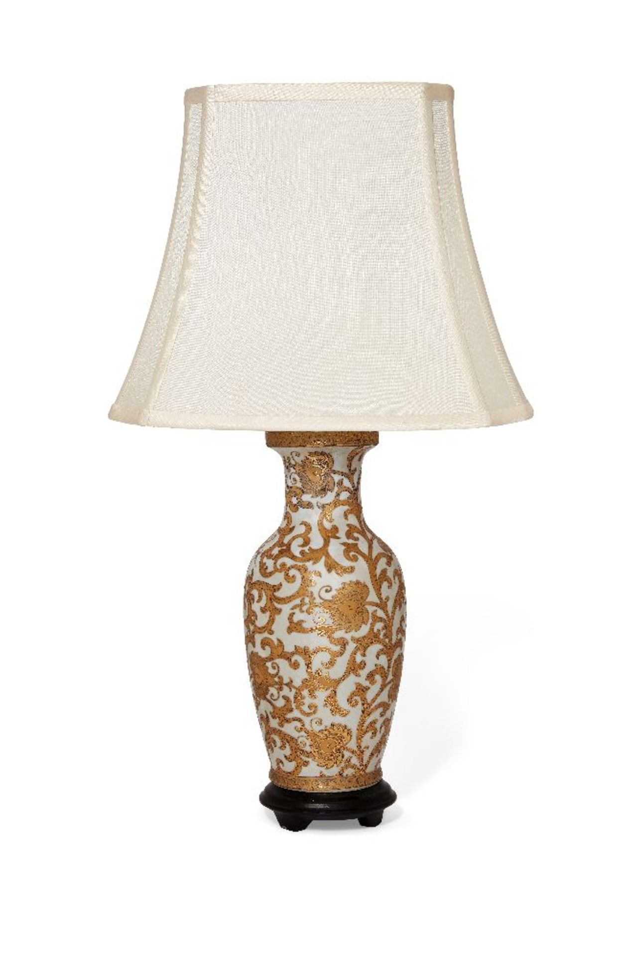 A modern Chinoiserie gilt heightened porcelain vase lamp, decorated overall with scrolling foliate