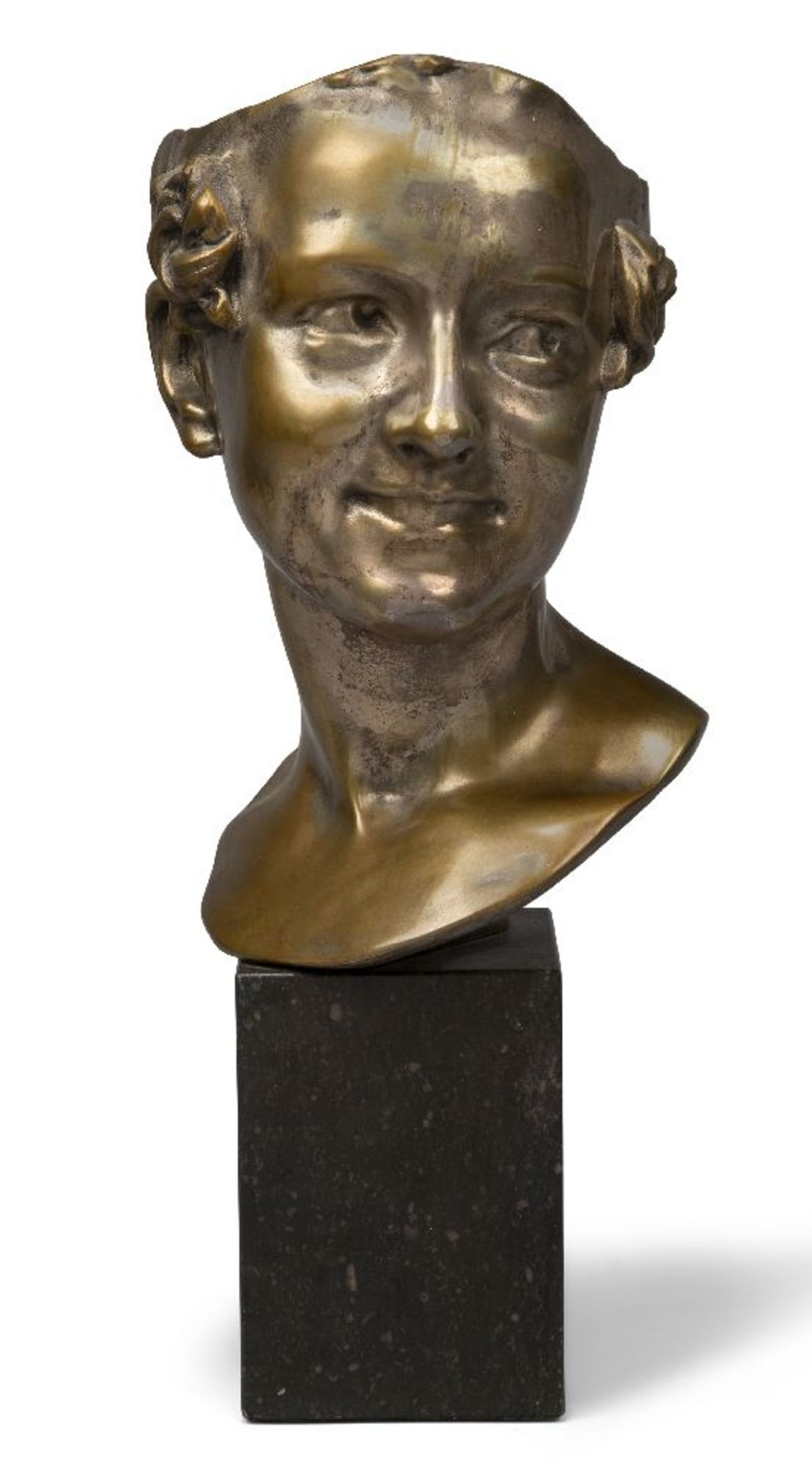 A French silvered bronze bust of a lady, early 20th century, unsigned, on a fossil black marble