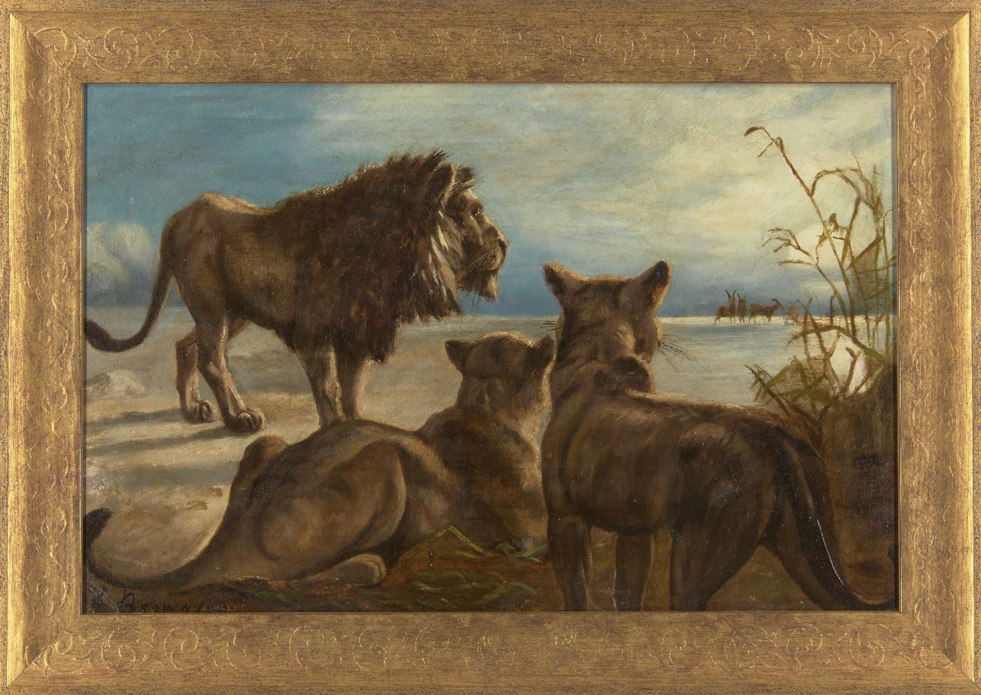 G Brownlaw, British, late 19th/early 20th century- Family of lions near a herd of gazelle; oil on - Bild 2 aus 6