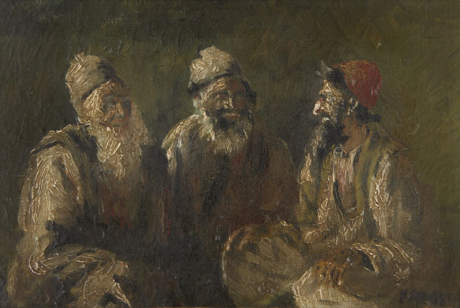 J Steventon, British, early 20th century- Portrait of three merchants; oil on canvas, signed, 15.