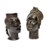 A Kuba anthropomorphic drinking cup, Congo, the bowl carved as the head of a man, with figural