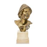 A continental bronze bust, second half 20th century, modelled with hat, indistinct signature to