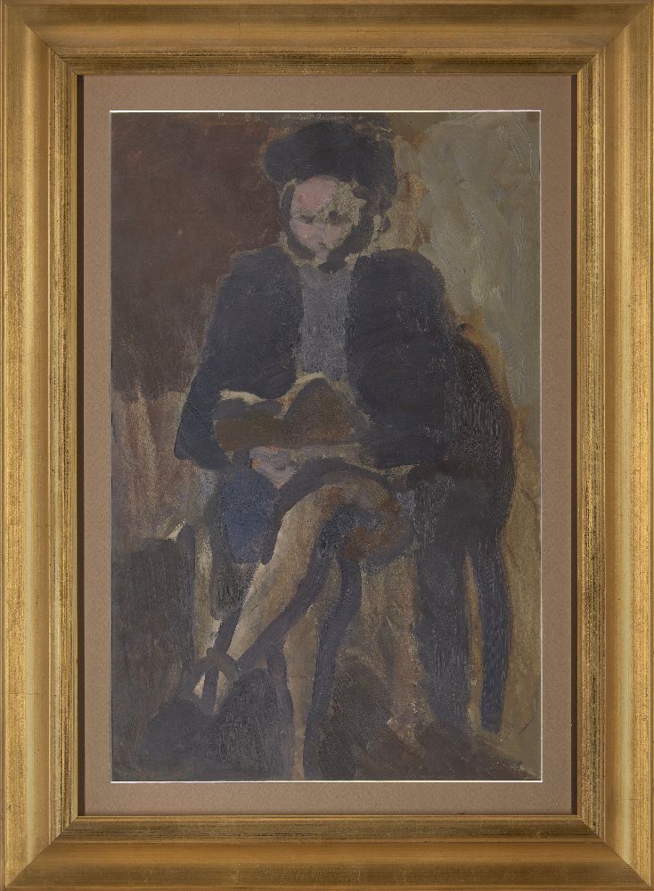 European School, mid-20th century- Portrait of a Rabbi seated full-length reading from a book; oil - Bild 2 aus 3