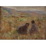 Henry Charles Sene, French 1889-1961- Fieldworks on a hillside in Peru; oil on board, 14x19cm: