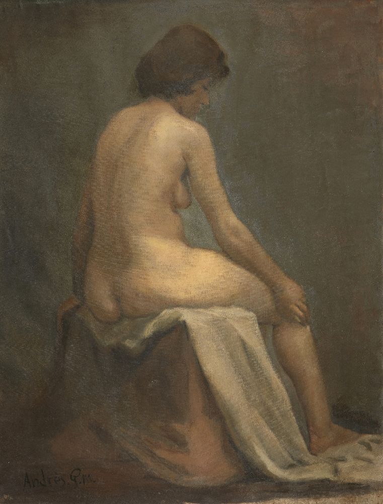 P M Andres, Hungarian, early 20th century- Female nude, seated full-length turned to the right;