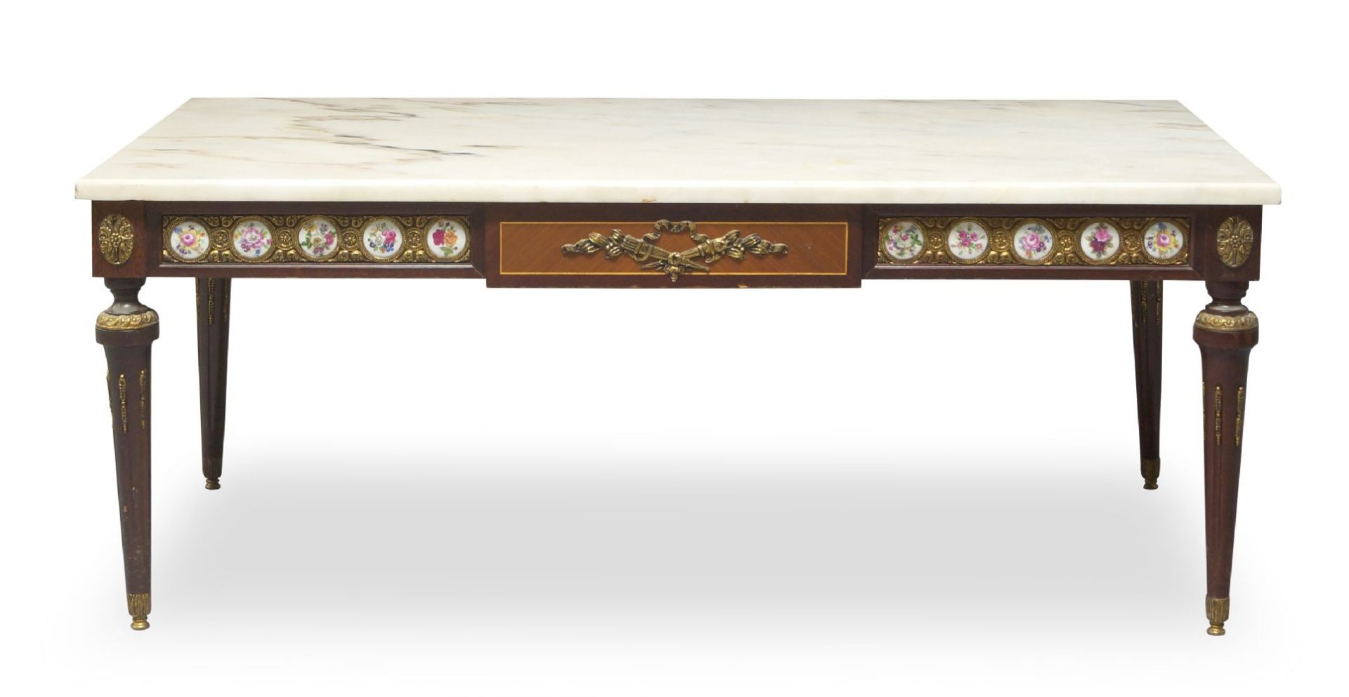 A Louis XVI style coffee table, of recent manufacture, with marble top, the frieze applied with