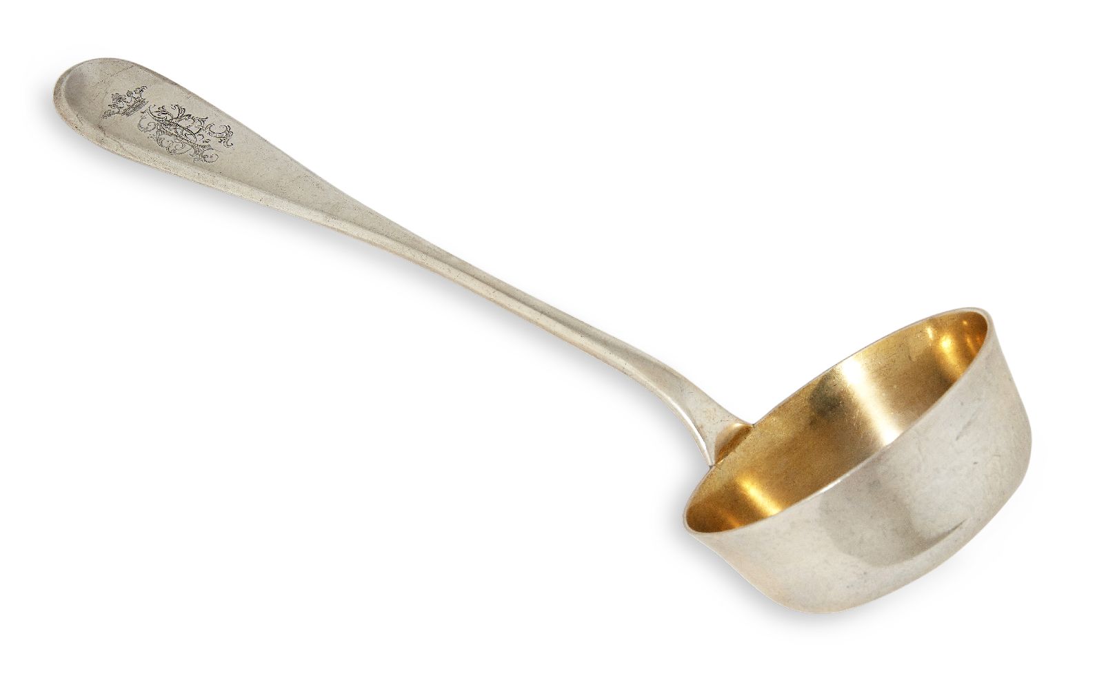 A Russian silver ladle, St Petersburg, 1908-1926 Grachev Brothers, of plain form with engraved