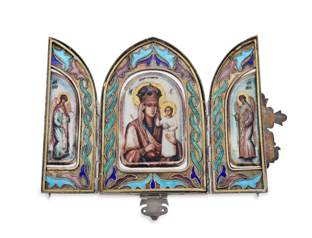 A Russian silver and enamel triptych travel icon, Moscow, 1899-1908, mark of YaA (ЯА Cyrillic),