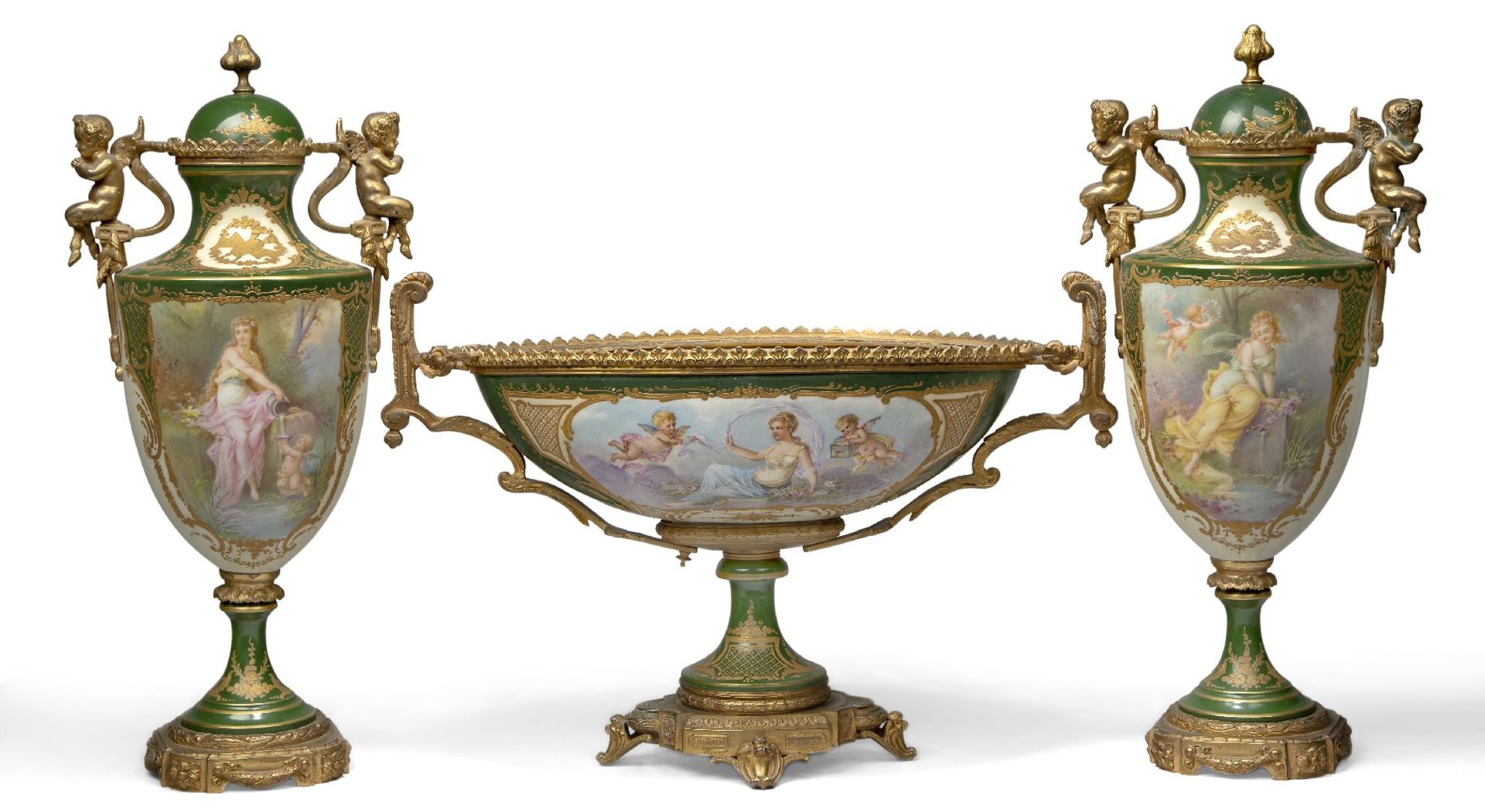 A gilt-bronze mounted Serves-style porcelain composite garniture, early 20th century, comprising two