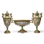 A gilt-bronze mounted Serves-style porcelain composite garniture, early 20th century, comprising two