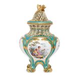 A Vincennes porcelain later decorated green-ground pot-pourri vase and cover, the porcelain c.1756,