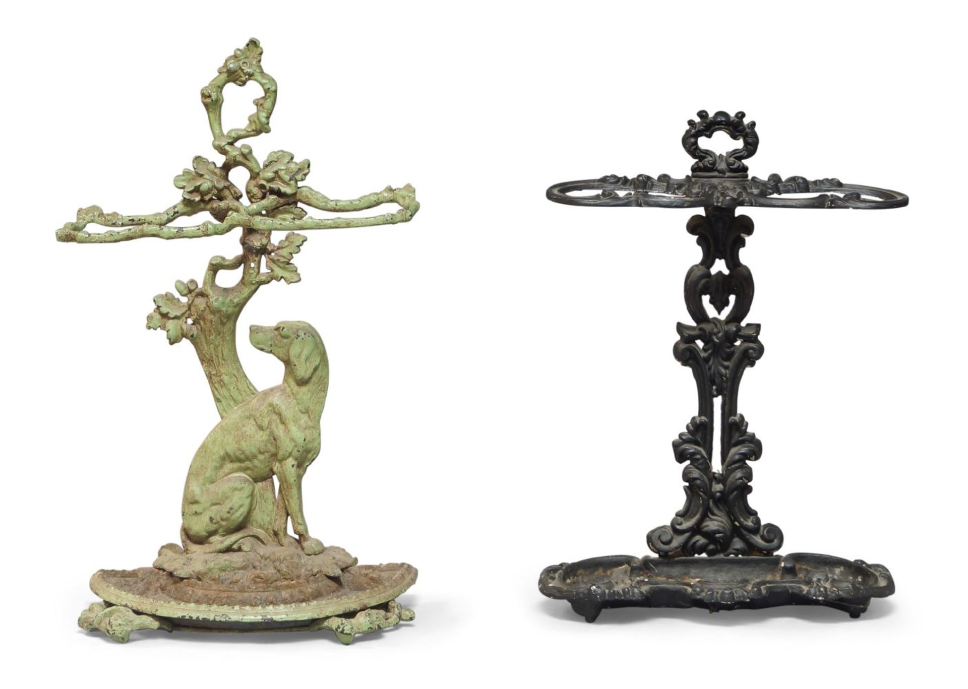 An Victorian cast iron green painted stick stand, naturalistically cast in the form of a dog