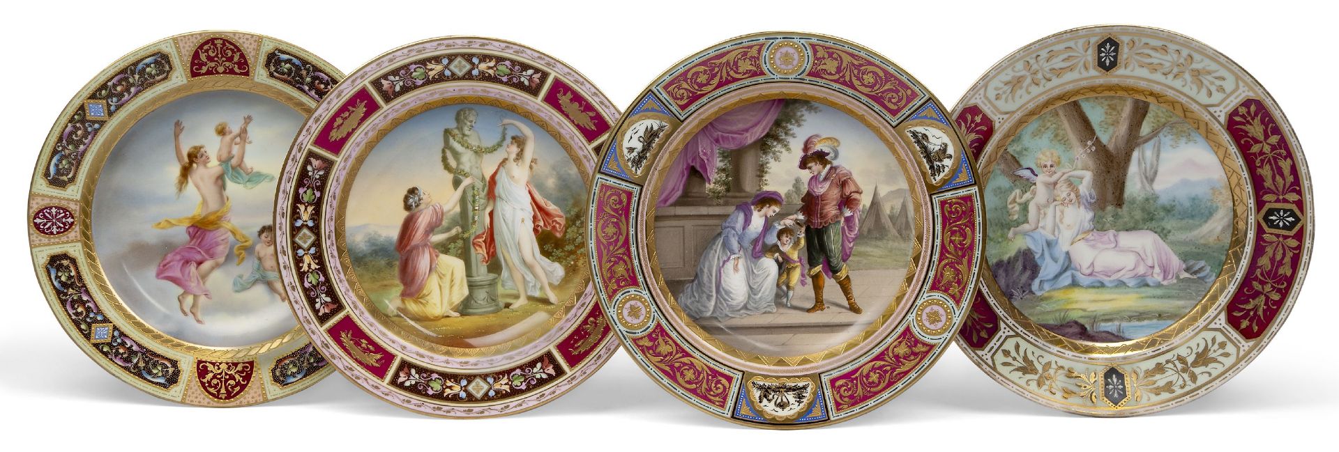 Four Vienna-style porcelain cabinet plates, late 19th/20th century, blue beehive marks and titles to