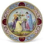 A large Vienna-style porcelain cabinet plate, early 20th century, blue beehive mark and title to