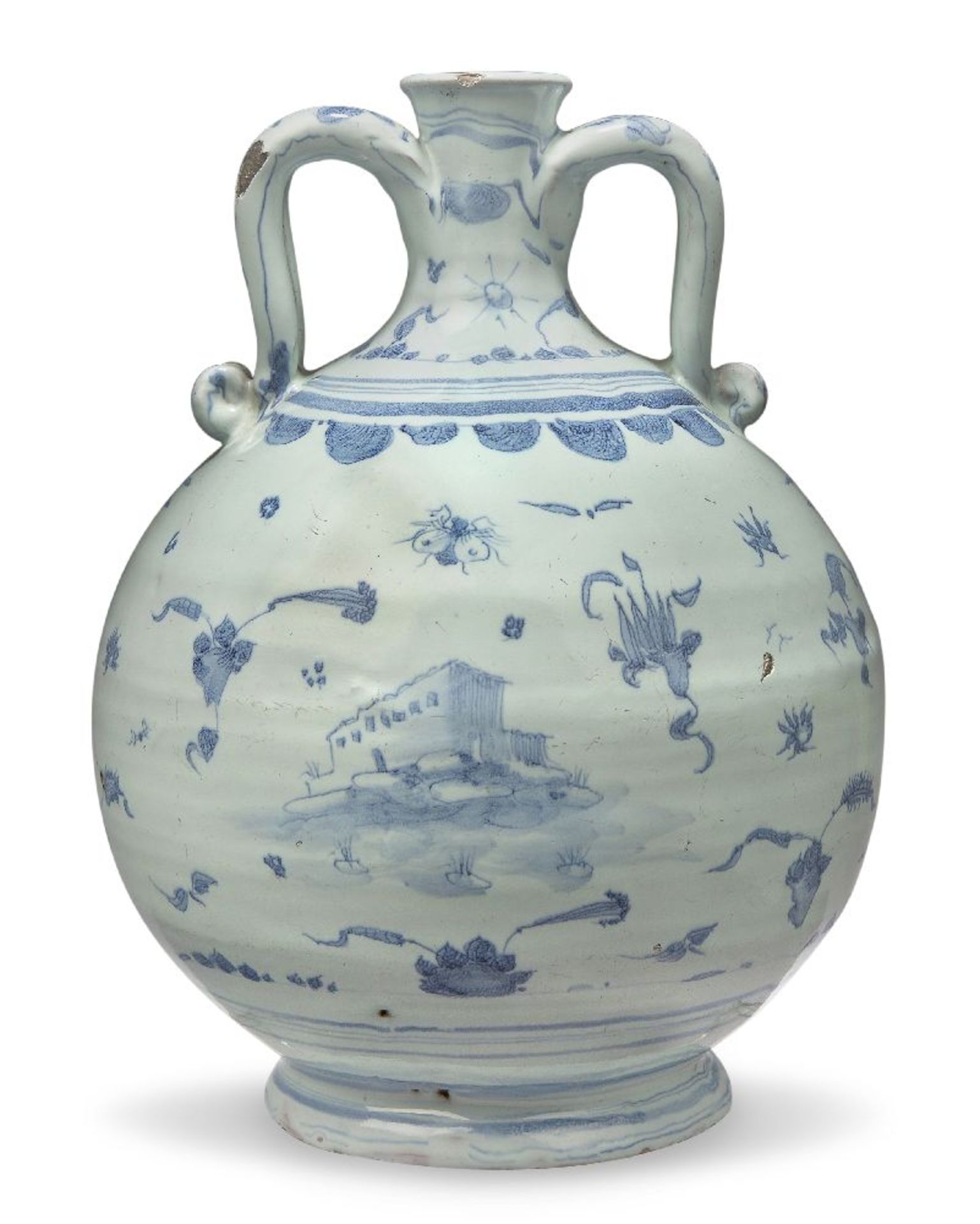 A Maiolica twin-handled bottle vase, Savona, c.1700, the bulbous body with twin scrolling handles to