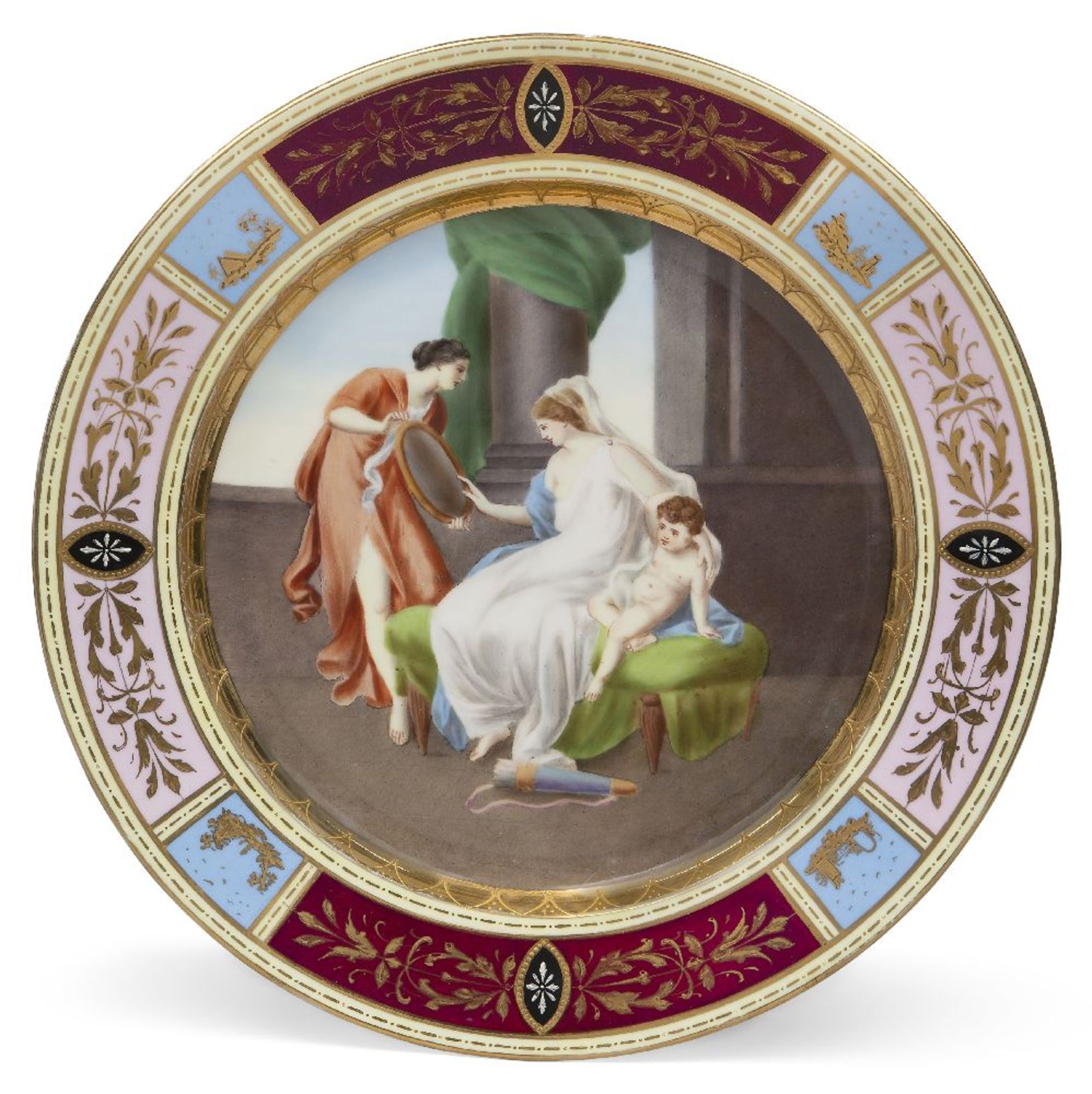 A large Vienna-style porcelain cabinet plate, 20th century, blue beehive mark and title Toilette der