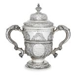 A Masonic interest twin-handled cup with cover, white metal, marked only