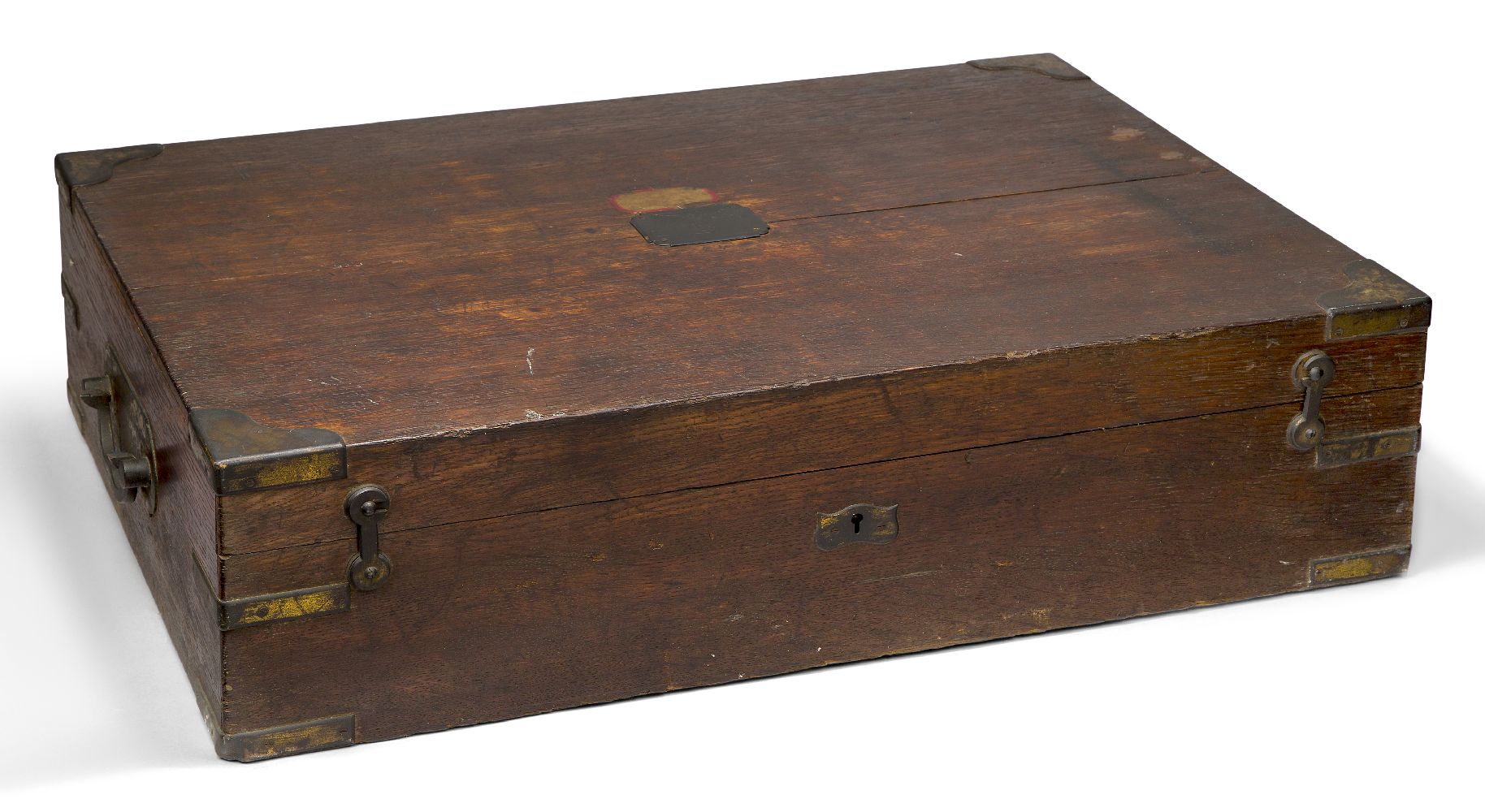 An oak canteen box with brass corners, by Faberge, no flatware within, the hinged lid opening to - Image 2 of 2